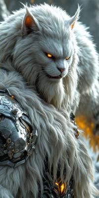 Primary subject: A white cat with glowing eyes.

Setting/background: The cat is standing in front of a metal wall.

Visual style: The image is a digital artwork.

Colors and mood: The cat has a glowing, demonic appearance, and the overall atmosphere is eerie and mysterious.